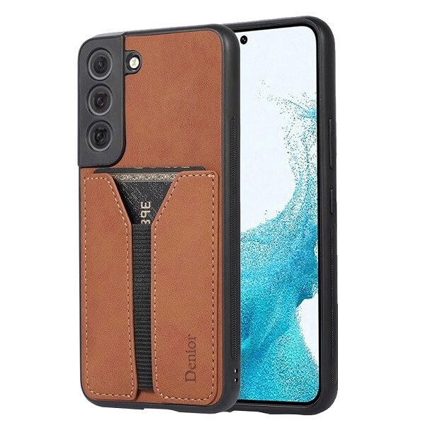 Denior For Samsung Galaxy S22 Leather Case with Elastic Wallet Card Holder Slot Pocket Cover - Brown Denior For Samsung Galaxy S22 Leather Case with Elastic Wallet Card Holder Slot Pocket Cover - Brown